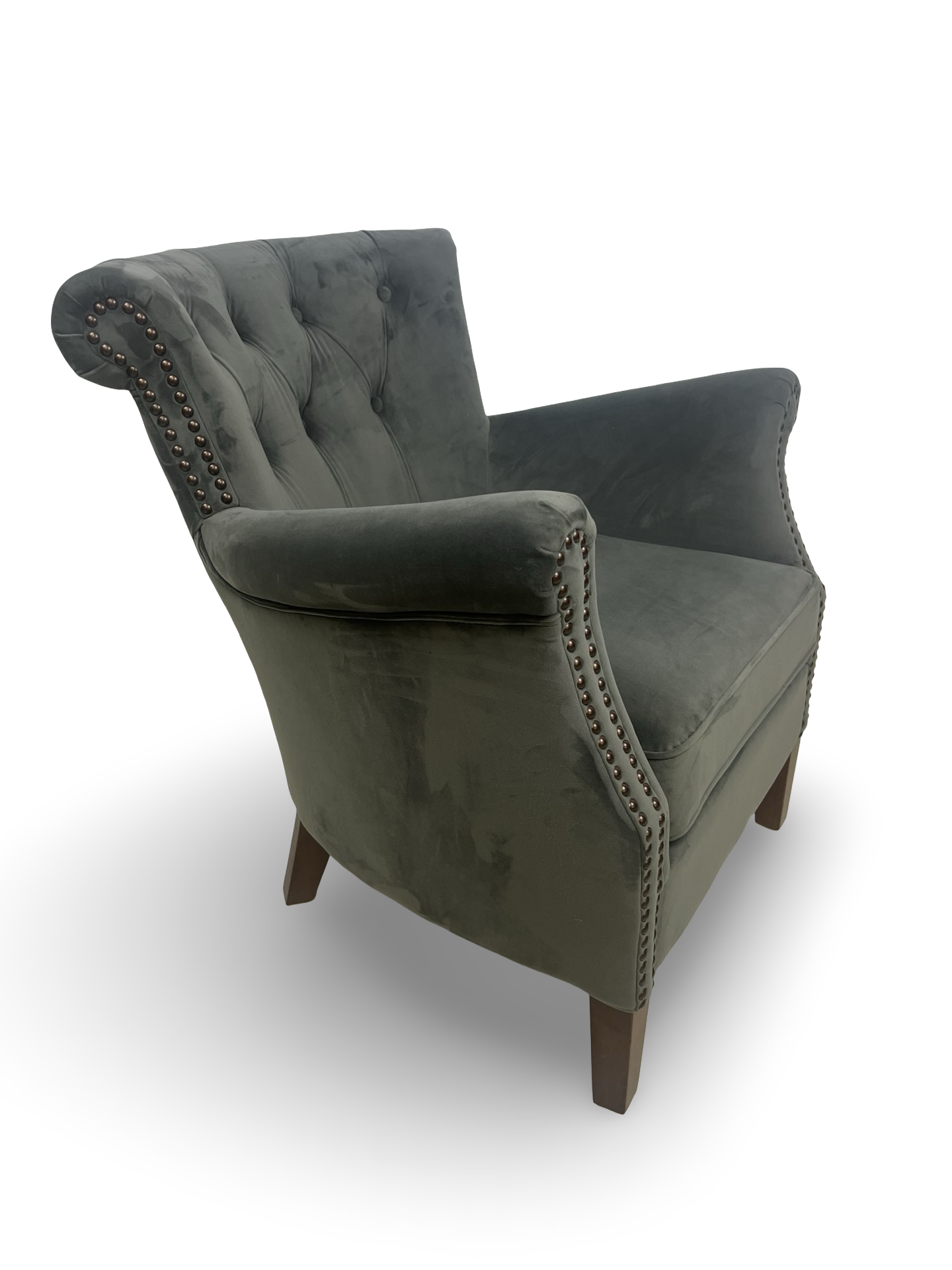 Elegant Grey Velvet Upholstered Armchair - Classical Button Back Design