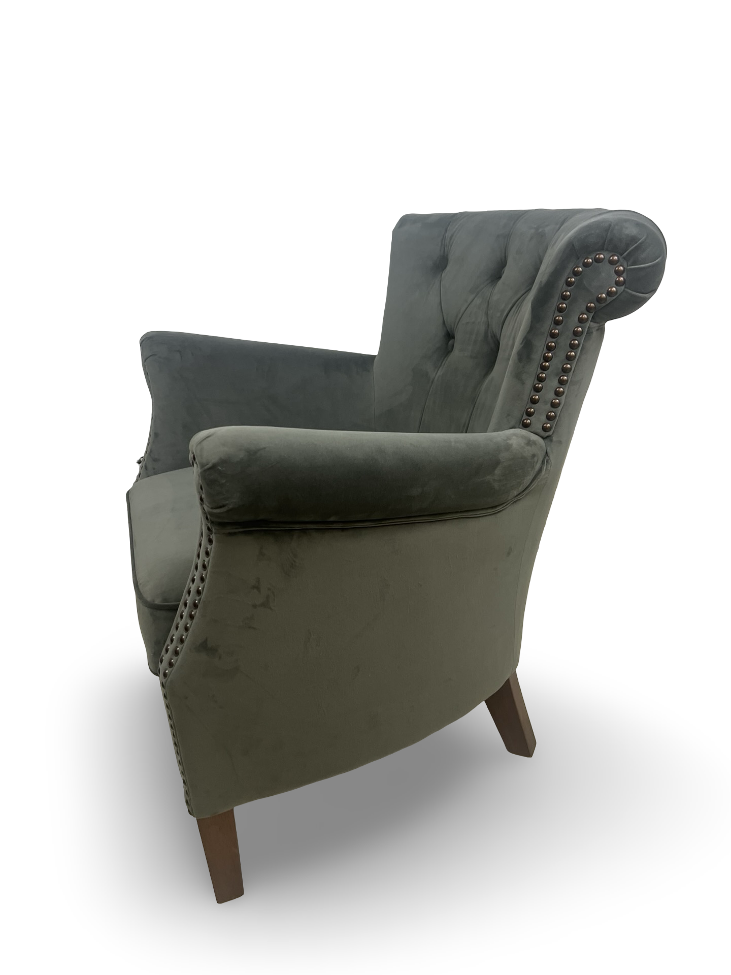 Elegant Grey Velvet Upholstered Armchair - Classical Button Back Design