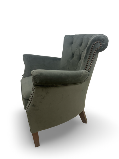 Elegant Grey Velvet Upholstered Armchair - Classical Button Back Design