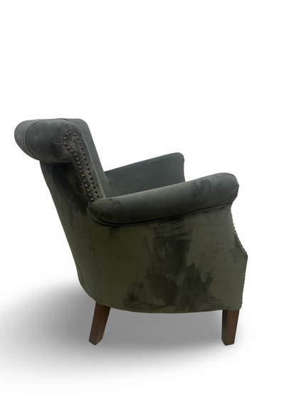 Elegant Grey Velvet Upholstered Armchair - Classical Button Back Design