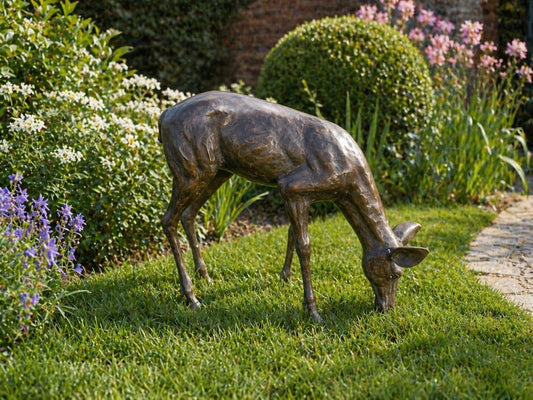 Bronze Grazing Fawn Sculpture | Lost Wax Cast | Garden & Interior